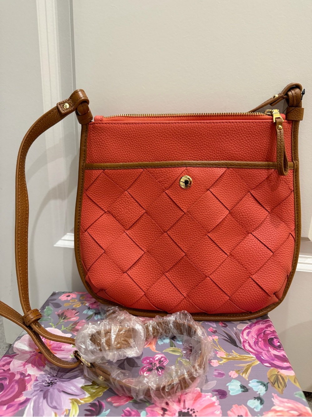 NWT Talbots 100% Leather Coral Woven Crossbody Bag Cognac Trim